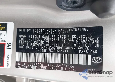 2016 Toyota Camry Le из США, поврежденный, VIN 4T1BF1FK3GU541743